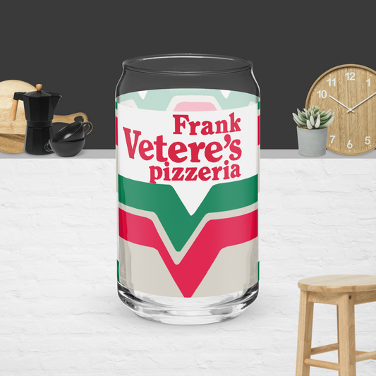 Front view of the can-shaped drinking glass with the Frank Vetere's Pizzeria logo printed on it